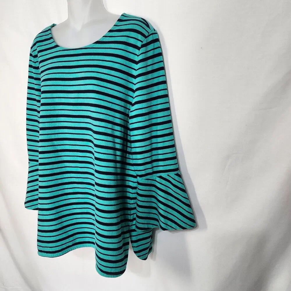 Talbots Womens Top Sz Large Green Blue Striped 3/4 Bell Sleeve Cotton Round Neck